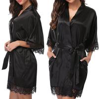 Pijama De Seda Para Mujer Con Encaje Y Manga Larga Cómodo Y Suave De Color Sólido Negro Bata De Baño De Largo Cintura - details 0