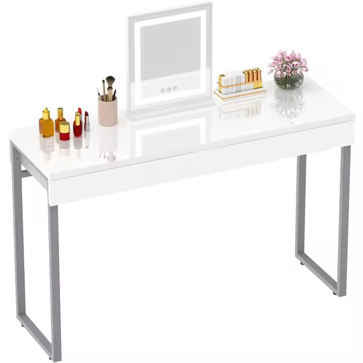 Cómoda con 2 cajones de Color Blanco Brillante 100x40 cm Mesa de Ordenador Sin Espejo maquilladora con Patas de Plata metálicas para Muebles de Dormitorio de pequeño Espacio,Plateada - 1