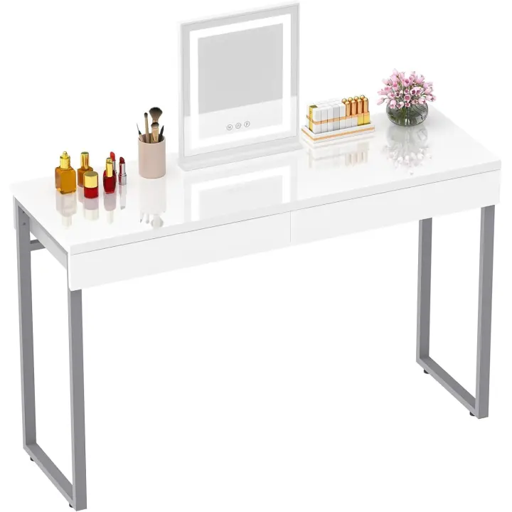 Cómoda con 2 cajones de Color Blanco Brillante 100x40 cm Mesa de Ordenador Sin Espejo maquilladora con Patas de Plata metálicas para Muebles de Dormitorio de pequeño Espacio,Plateada - 1