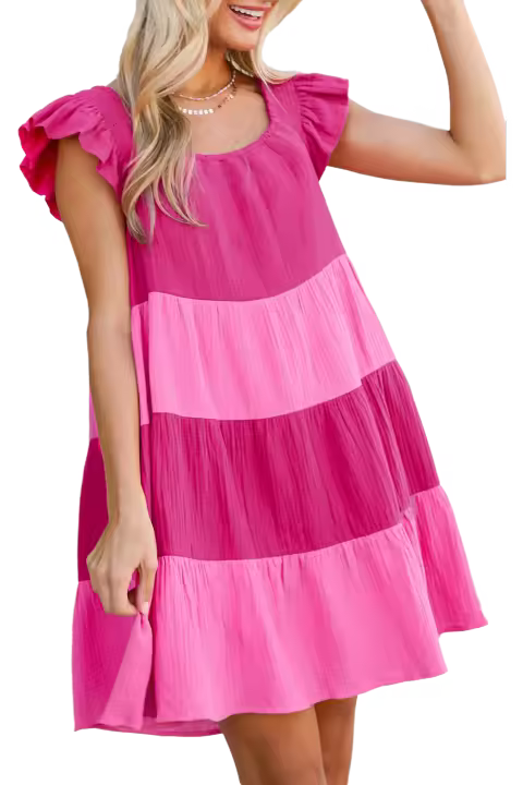 Elrachen Mini vestido de mujer fluido con niveles arrugados Colorblock rosa, tallas S-XL - 1