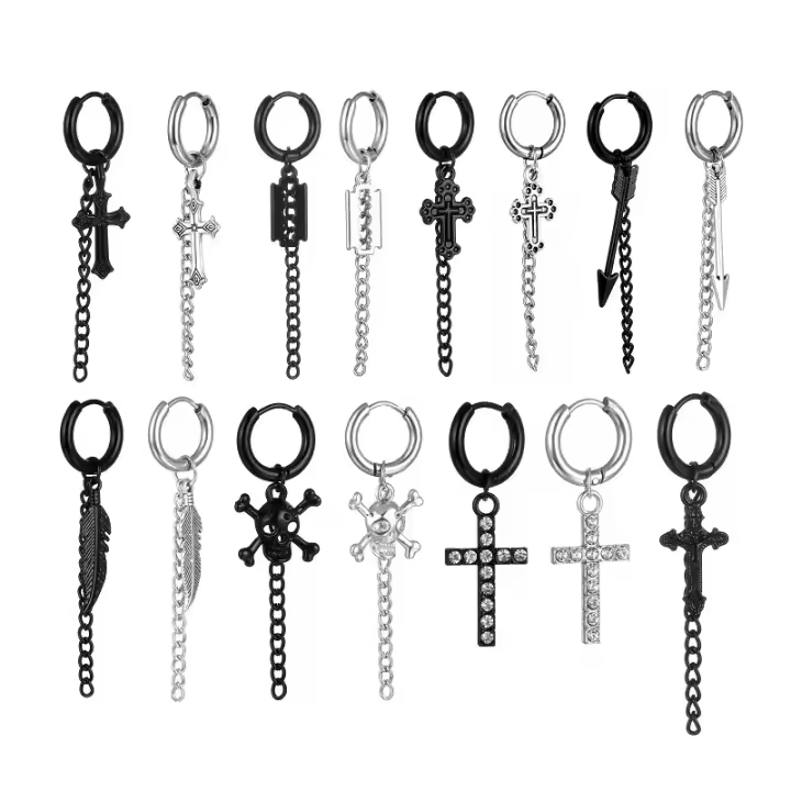 Pendiente de aro con plumas cruzadas para mujer, Piercing de acero inoxidable, con Clip, estilo hip pop, Punk, CZ, magnético, 1 par - 1