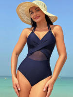 Elegante Traje de Baño Monokini de Colores Sólidos Cuello Halter para Mujeres Malla de Parche - details 8