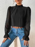 Jersey elegante de Cuello medio alto para mujer, de Color sólido Camisa de gasa, blusa de manga larga con volantes ondulados, Tops sueltos informales para mujer, novedad - details 7