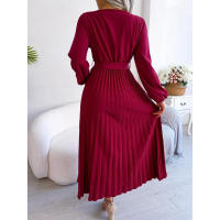 Vestido largo plisado con dobladillo grande para mujer, vestido cruzado de Color liso con cuello en V, moda de primavera y verano - details 27
