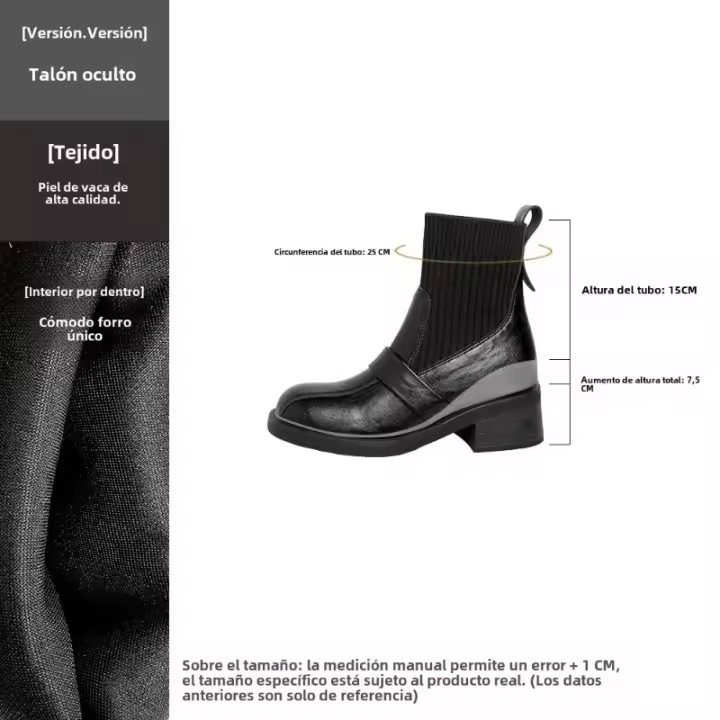 Nuevo Punto Interior Aumento de Altura Tacón Grueso Botas Cortas Cabeza Cuadrada Marrón Elástico - 1