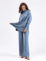 BGTEEVER-suéteres cálidos de manga larga para mujer, jersey de cuello alto y pantalones de pierna ancha de punto, trajes elegantes e informales, 2 piezas - details 12