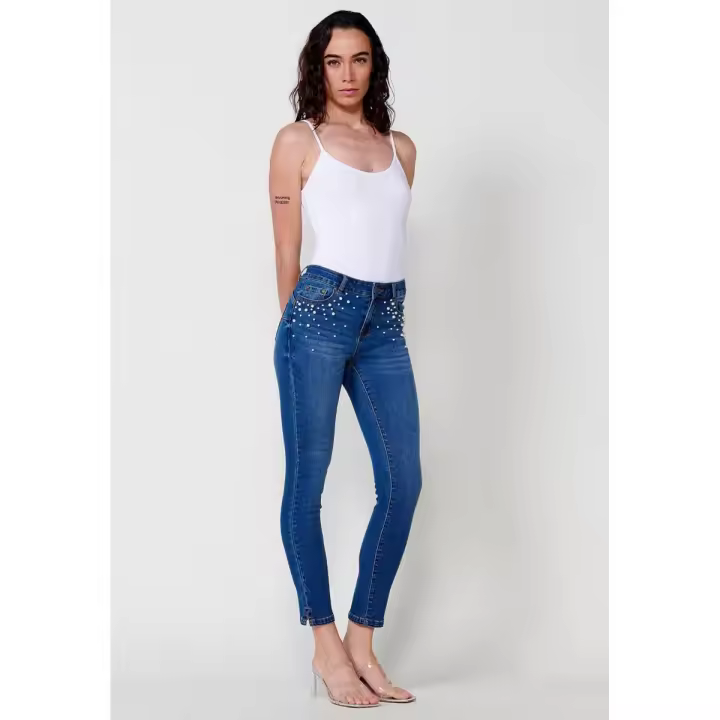 Pantalón largo jeans Push Up recto con Detalles de perlas en los bolsillos delanteros color Azul para Mujer - 1