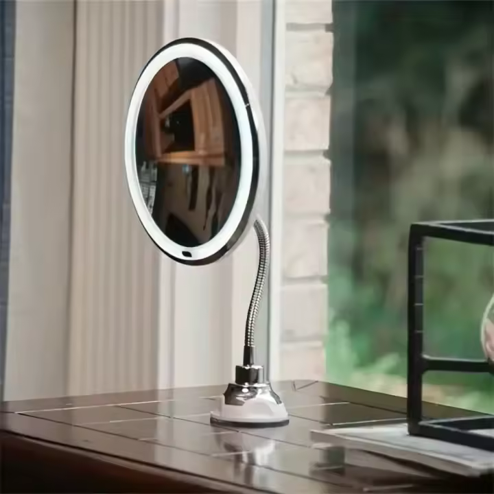 Espejo de maquillaje flexible con cuello de cisne con luz LED, ventosa de lupa 10x, luz difusa brillante, giratorio libremente - 1