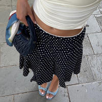 BUNO- Y2K falda elegante con estampado de puntos para mujer, falda media envolvente con volantes, trajes de vacaciones informales elegantes para primavera para mujer - details 2