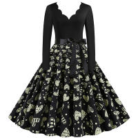 Women plaid print long sleeve vintage a line party dress v neck - details 147