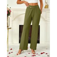 Acampanado para mujer, botones cruzados lisos, pierna recta, cintura alta, pantalones casuales de algodón elástico cómodo - details 12