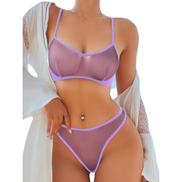 Conjunto de ropa interior transparente de color sólido de malla para mujer, sujetador de encaje sexy y ropa interior, 2 conjuntos - 1