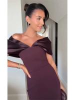 Elegante Vestido de Satén con Detalles de Parche Vestido Largo con Espalda Descubierta y Hombros Fuera Vestido de Fiesta de Moda para Mujeres - details 0