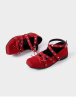 Arco rojo solo zapatos de las mujeres francés retro pequeños zapatos de cuero nuevo remache hebilla de cinturón pisos de ballet - details 21