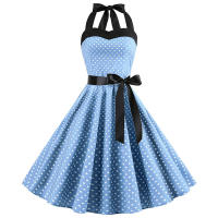 Vintage Women Summer Polka Dot Print Halter Party Dresses - details 9