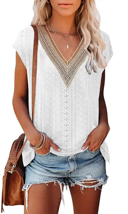Camiseta de manga corta de algodón y O para mujer, camisa elegante con cuello en V, camiseta holgada y lisa, top informal - 1