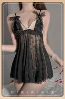 Camisón transparente de lencería sexy con tirantes de perlas y lazo de mariposa con ribete de encaje puro - details 10