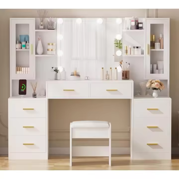ANWBROAD Espejo de escritorio grande de 59,1 pulgadas y luces de maquillaje blanco con toma de corriente y 8 cajones, 2 gabinetes, 3 modos de iluminación ajustables - 1