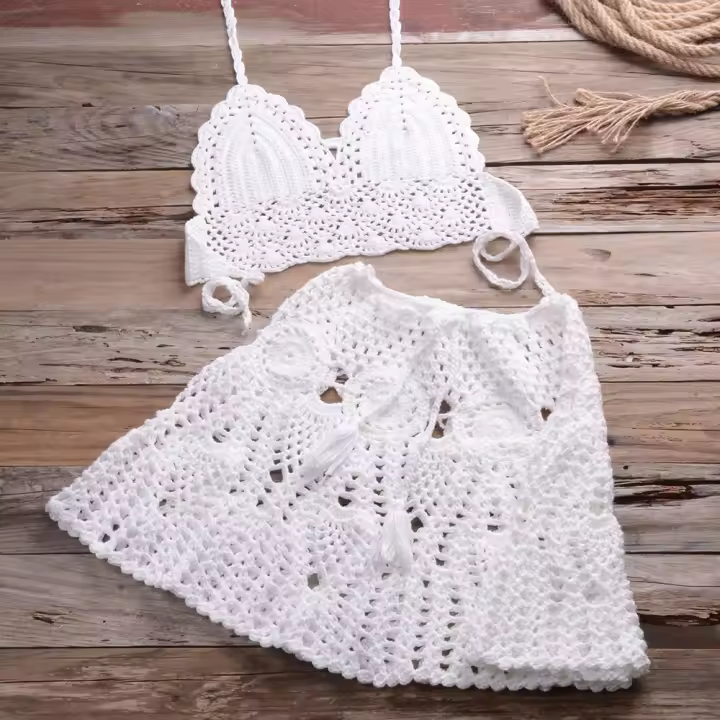 Conjunto de bikini de ganchillo para mujer, traje de baño de dos piezas, falda de baño, ropa de playa - 1