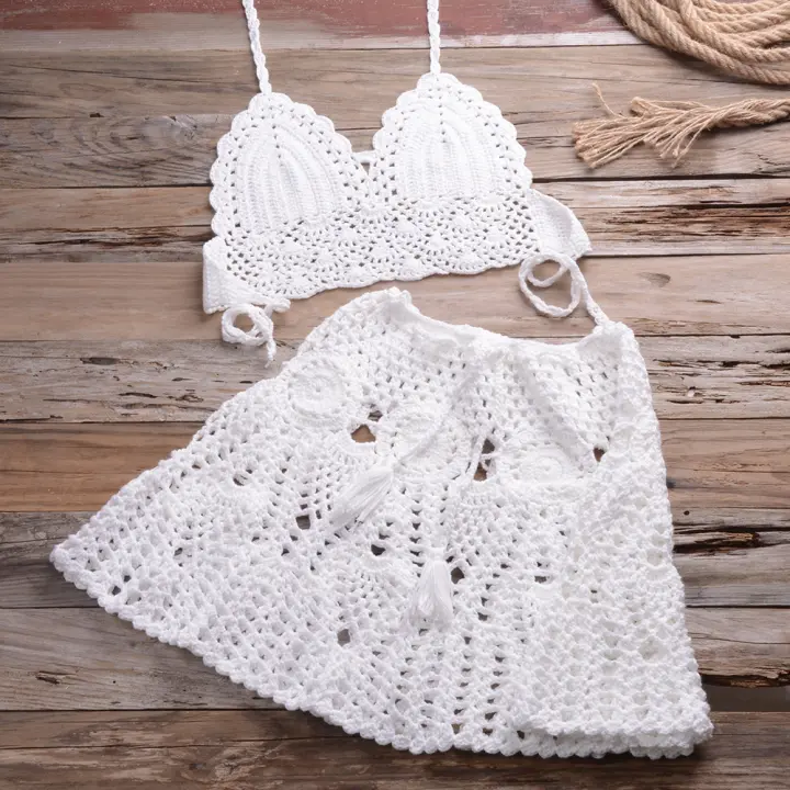 Conjunto de bikini de ganchillo para mujer, traje de baño de dos piezas, falda de baño, ropa de playa - 1