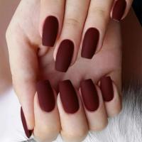 24 piezas de diseño rojo vino de color sólido, uñas postizas cuadradas cortas, puntas de uñas completamente cubiertas, acabado simple y desmontable - details 1