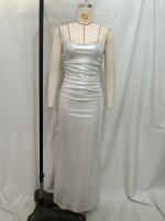Vestido de noche para mujer con tirantes de lámina metálica, sólido, informal, sin mangas, elegante, fruncido, sin espalda, forrado - details 3