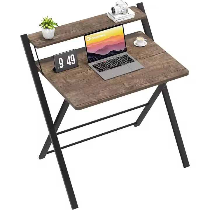 Escritorio Plegable con Estante para Monitor, Escritorio de Oficina de Tamaño Pequeño sin Montaje, Escritorio Pequeño para Espacio Pequeño, Marrón - 1