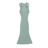 Vestido largo de punto con cuello en V Moda de verano para mujer Material de poliéster sin mangas - details 1