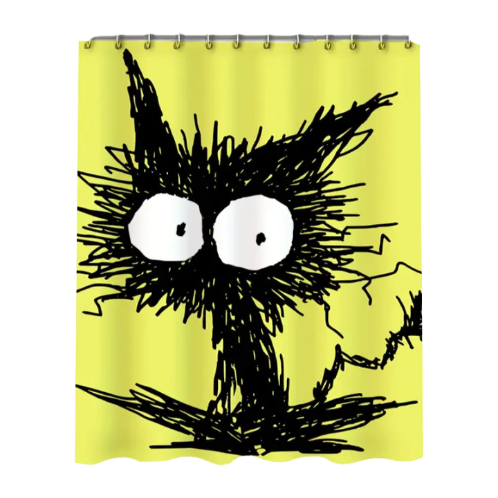 Cortina de ducha amarilla con diseño de gato puntiagudo negro para decoración del baño, decoración del hogar, patrón de impresión impermeable - 1