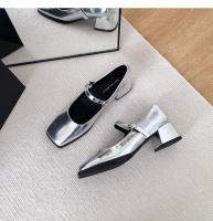 Zapatos sencillos con punta cuadrada y tacón grueso de nuevo estilo, zapatos plateados de tacón medio para mujer - details 28