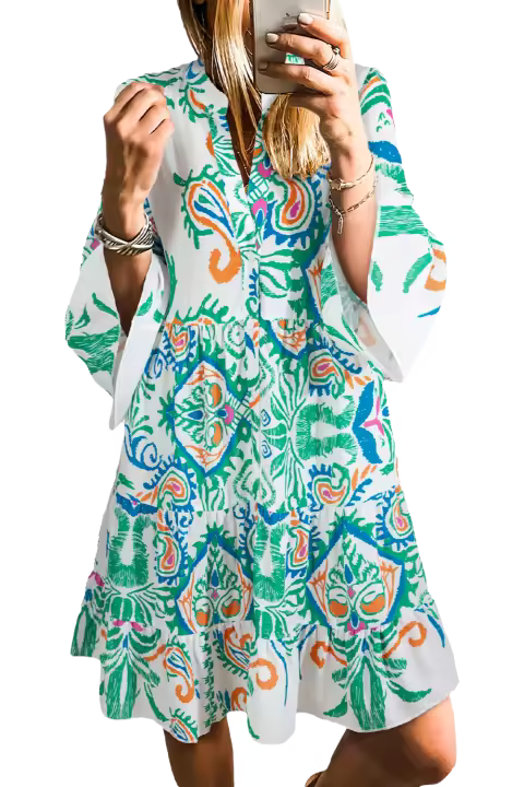 Elrachen Mini vestido tribal para mujer con mangas, verde, tallas S-XL - 1