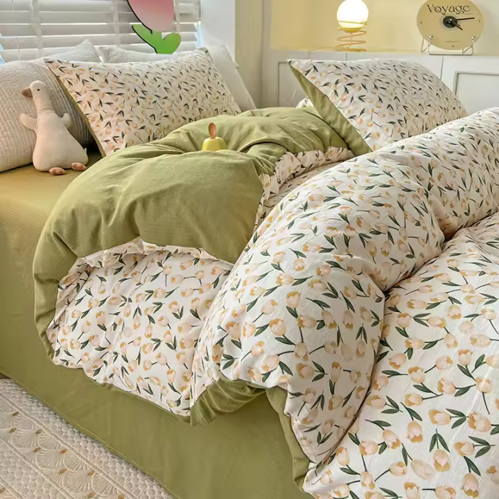 Juego de cama: Sábana ajustable de algodón lavado puro de cuatro piezas, funda de edredón, juego de tres piezas de cama individual para dormitorio de estudiantes: Sábana, funda - 1