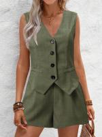 Conjunto Mujer 2025 - Chaleco Elegante con Botones y Shorts, Cuello en V, Tejido Transpirable - Moda Oficina y Casual - details 8