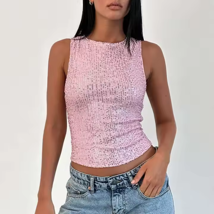 Camisetas Sin Mangas con Lentejuelas Brillantes Cuello Redondo, Top Corto, Moda para Mujeres y Clubes - 1