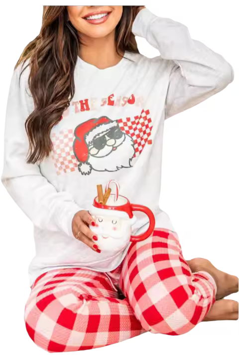 Elrachen Conjunto de salón a cuadros con estampado navideño de Papá Noel para mujer, multicolor, tallas S-XL - 1