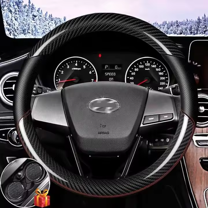Cubierta de volante de fibra de carbono para Hyundai, accesorios de coche de cuero negro, 15" - 1