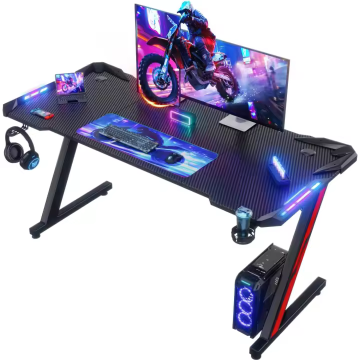 Gaming con Luces LED, 140 x 60cm RGB Mesa Gaming Forma Z, Escritorio de Ordenador Grande con Gancho para Auriculares y Portavasos, Mesa Gamer para Oficina en Casa, Negro - 1