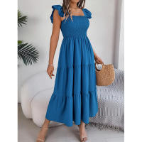 Elegante vestido largo de verano para mujer en color liso con escote cuadrado y aros decorativos, sin mangas, corte ajustado. - details 13