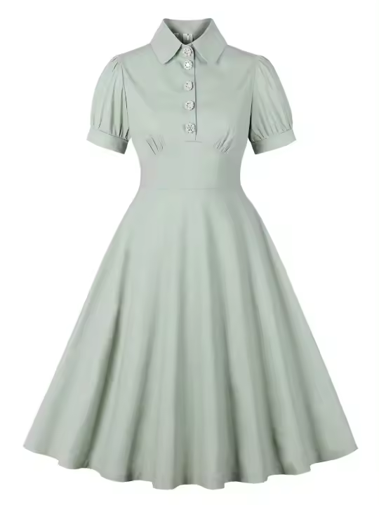Vestido de Algodón con Botones de Perlas Hepburn Cuello Dobladillo, Cintura Alta, Estilo Vintage para Mujeres Moda 2025 - 1