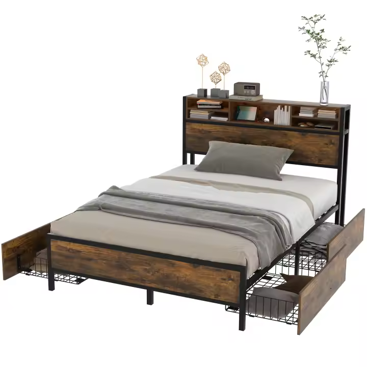 Cama Plana LED con Carga USB Diseño de Almacenamiento para Adultos y Jóvenes Metal Marrón - 1