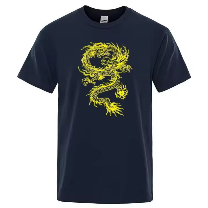 Camiseta holgada de algodón para hombre, ropa de calle grande, transpirable, estampado de dragón amarillo, estilo chino - 1