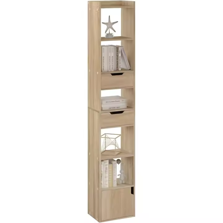 Libreria Alta Estantería de 6 Compartimentos con 2 Cajones y Armario con Puerta Madera Clara - 1