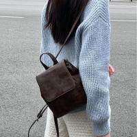 Mochila con solapa y cordón de cuero PU para mujer, bolso de hombro de gran capacidad a la moda, estilo coreano, Color sólido, para libros escolares - details 2