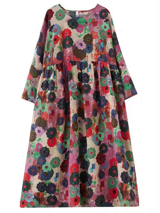 Vestido Vintage de Algodón de Manga Larga Talla Grande, Elegante y Suelto para Mujeres - 1