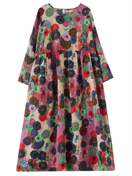 Vestido Vintage de Algodón de Manga Larga Talla Grande, Elegante y Suelto para Mujeres - 1