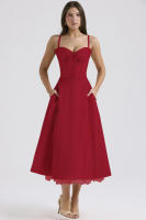 Vestido midi de satén con tirantes finos para mujer, abertura frontal, ahuecado, con bolsillos - details 46