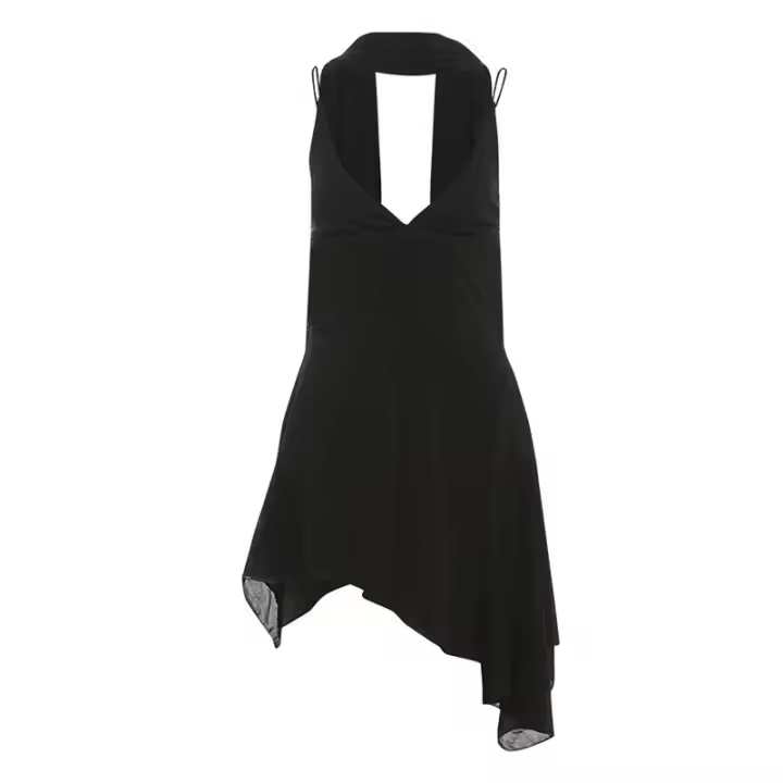 BUNO-vestido de tirantes finos con escote en V profundo y bufanda, minivestido de malla Irregular para mujer, camisola ajustada de cintura alta elegante, novedad - 1
