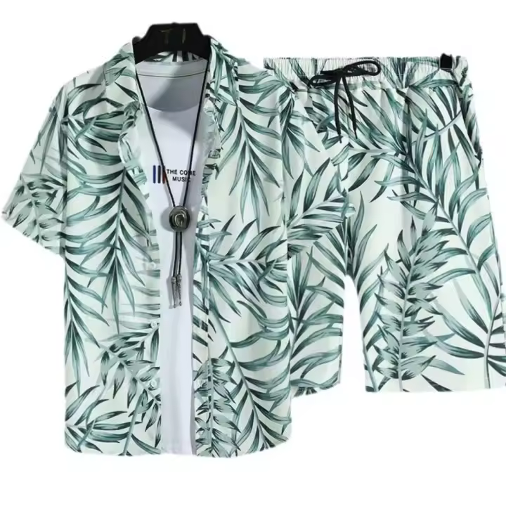 Conjunto casual de playa para hombre de 2 piezas, camisa hawaiana y pantalones cortos de secado rápido - 1