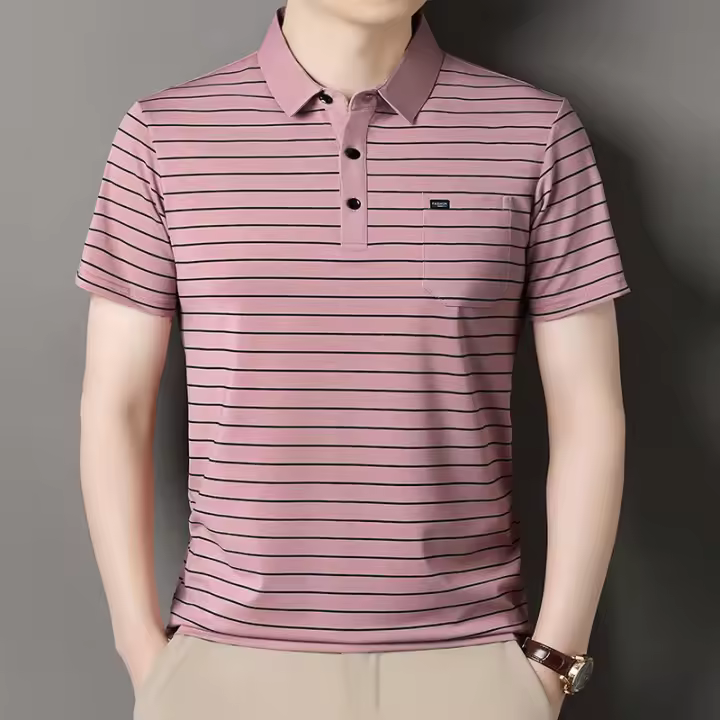 Novedad de verano, camiseta de manga corta para hombre, moda a rayas, solapa informal, bolsillo real, polo para mediana edad y ancianos - 1
