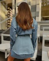 Nueva moda cuello de solapa patchwork color manga larga camisa vestido cintura cierre de dos piezas - details 3
